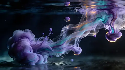 Close-up abstract photography of liquid ink swirling in water, composed for a 16:9 wallpaper with balanced negative space and rich contrast for a serene, ethereal feel.