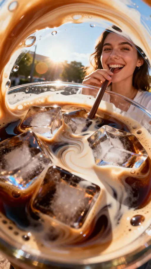 Surreal fisheye view from inside an iced latte: the viewer is a piece of ice looking outward through melting ice cubes, swirling coffee and cream layers. No glass rim visible—only liquid, ice, and a straw framing the scene. Outside thedrink