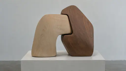 Two interlocking abstract wooden shapes meet at one clear joint on a pale plinth against a plain wall in even gallery light.