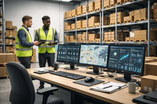 Documentary-style interior photograph of an inventory management room with live tracking screens, organized shelving and staff workflow cues, composed for a 3:2 poster.