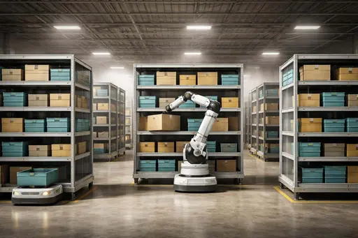 A photoreal 3D-render of automatic shelves rearranging in a 3:2 framed warehouse scene, with robotic arms and visible motion for a poster-cover layout.