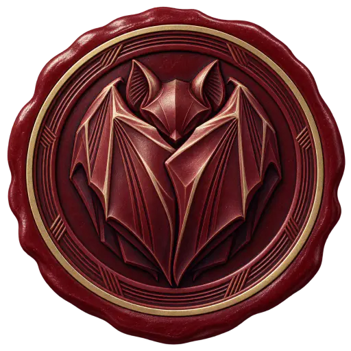 A single round oxblood wax seal seen straight on, its raised outer ring engraved with stepped art-deco hatching and a thin aged-brass gilt lip. Pressed into the centre is an original compact bat in raised relief, both wings folded around its body like a masquerade cloak, head tucked with two small pointed ears. The seal floats isolated on a transparent background as a gothic halloween wax seal graphic.