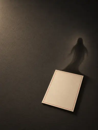 A single blank unlettered ivory invitation card with a thin muted-red border rule lies flat on a dark charcoal studio surface. Only its own shadow misbehaves: from the card's upper edge the shadow peels upward into a small wavy ghost silhouette with a rounded head and trailing hem, still fused to the card's cast shadow. Soft amber light from the upper left leaves the upper left of the frame as clean copy space — an elegant minimal Halloween invitation background ready for typeset text.