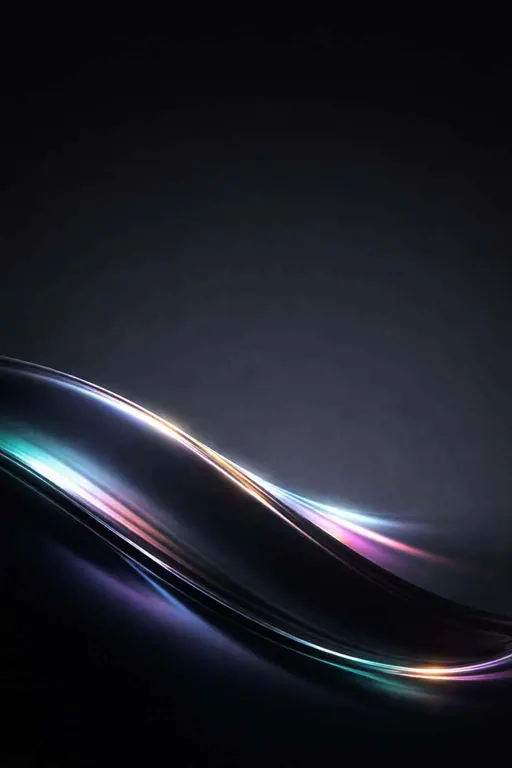 Iridescent curved form occupies the lower-left of a 2:3 frame, sweeping diagonally across a deep charcoal field with a glossy, subtly micro-textured surface and thin rainbow rim highlights.