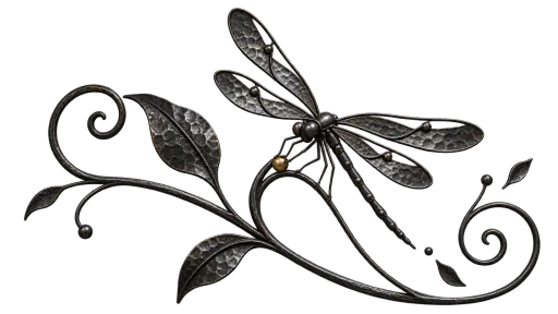 A wrought-iron slice of a dragonfly with hammered metal wings resting on scrolling reeds, its bars ending loose on transparency.