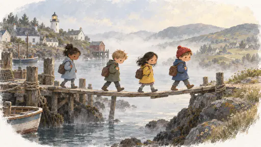 Four children in raincoats with satchels, one in a red knitted hat, walk in single file along a narrow plank bridge from a small island with cream cottages and a lighthouse toward soft hills on a new mainland shore, pale mist over the water below.