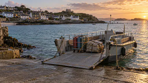 A small open island shuttle boat with bench seats and a flat bow ramp rests at a concrete slipway at dusk with a tied-down trolley of gas bottles and a stack of mail sacks on its deck and a few lit windows on the island across the water.