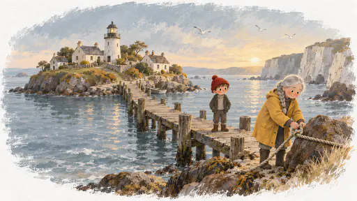A small round island with cream cottages and a stubby lighthouse rests against pale cliffs at sunrise while an older woman with a grey plait in a yellow oilskin ties a mooring rope round a rock and a small boy in a red hat watches from the jetty.