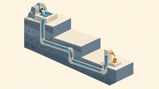 Isometric illustration of a three-terrace hillside cut open to show a water pipe from a stone spring basin to a standpipe with a tap, a drop falling into a cup.