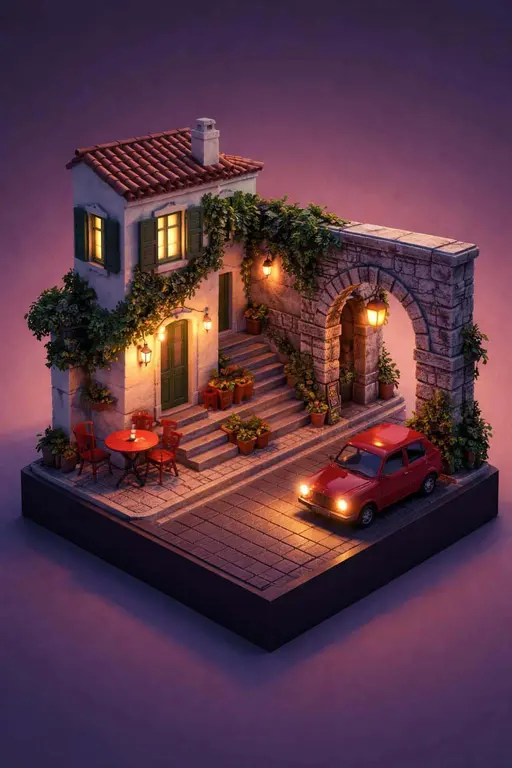 A stylized low-poly isometric diorama of a twilight street scene featuring a vintage red car and a warm cafe setup, perfect for a cozy digital wallpaper.