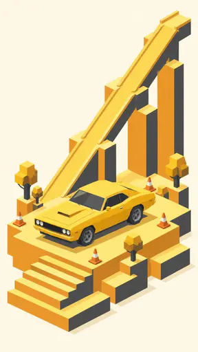 A bright yellow muscle car parked on a stepped yellow platform with a long diagonal ramp in an isometric vector scene of interlocking block volumes with simple trees and cones.