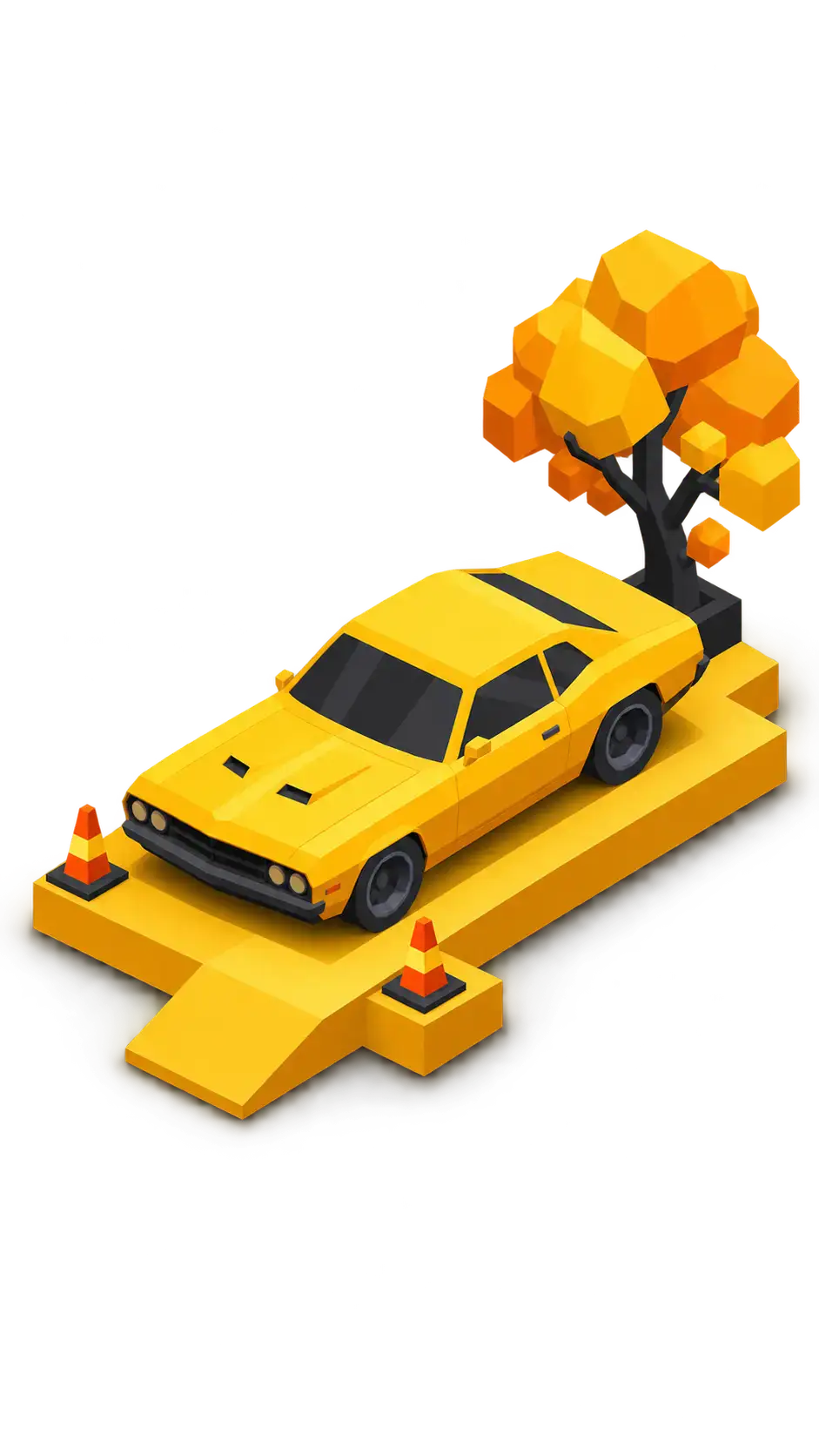 A bright yellow muscle car parked on a small stepped yellow platform with a short ramp, one tree and two cones in isometric block volumes, isolated on a transparent background.