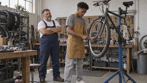 A tall young man with a coily twist-out in a mustard apron tightens the front wheel nut of a bicycle clamped in a repair stand with a plain spanner while a stocky mechanic with a grey beard in overalls watches one step back with folded arms.