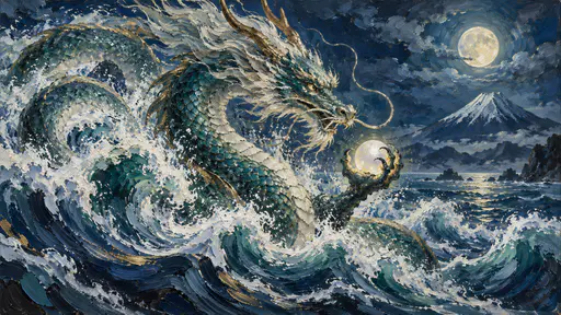 The Japanese dragon god Ryujin with a whiskered head and curved horns coils out of enormous waves holding a glowing tide jewel under a pale moon in sweeping indigo and teal bands.