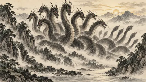 The eight-headed, eight-tailed serpent Yamata no Orochi rears with swaying heads and coiling bodies from a misty river valley between steep pine-covered mountains in ink dabs.