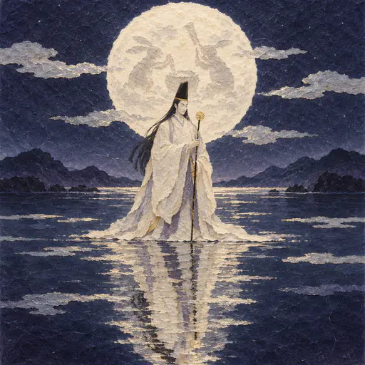 The Shinto moon god Tsukuyomi in a long pale robe and black cap stands on still water under a huge full moon with faint rabbits on its face and a long reflection in pressed paper pulp.