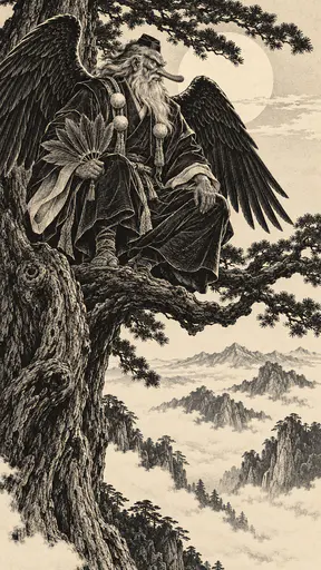 A tengu, a winged mountain spirit in an ascetic robe with a long nose and a feathered fan, perches on a high cedar branch above mist and mountain peaks in white line woodblock engraving.