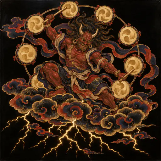 The Shinto thunder god Raijin with wild hair and curved horns crouches on storm clouds beating a ring of drums with lightning cracking below in nested black, red and gold lacquer layers.