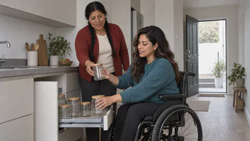 A wheelchair-using woman in her early thirties arranges plain jars along a newly fitted low pull-out kitchen shelf at her height while a sturdy woman in her mid forties with two long black braids stands beside her passing one more plain jar down in clear kitchen light.