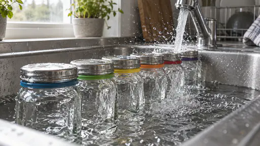 A line of clear glass jars with plain steel lids on and coloured silicone rings stands half-submerged in a stainless steel washing basin under running water from a steel tap, sheets of water spilling over the glass in bright side light.