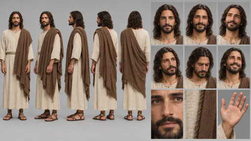 Jesus as a respectful traditional adult figure in a linen tunic and brown mantle with a short dark beard shown in five full body views, six expressions and three details on grey.