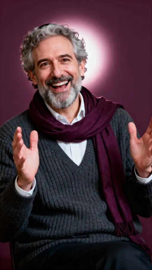 Waist-up studio portrait of a 50-year-old Jewish American man with alabaster skin, graying curls and a salt-and-pepper beard, animatedly gesturing and smiling against a deep plum background.