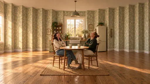 Joy stretches a room. In a warm kitchen, two friends laugh at a small wooden table while the walls unfold outward like accordion bellows, the wallpaper pattern widening between each fold. A positive shared moment can make a confined situation feel spacious.