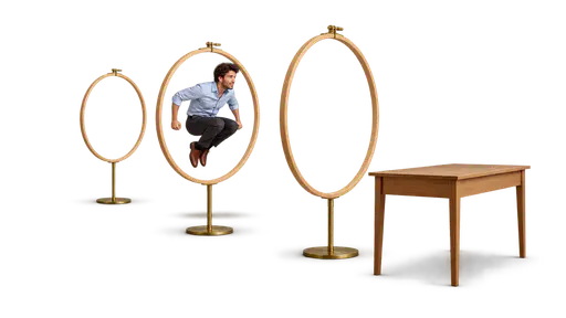 Jumping through hoops: an adult in office clothes leaps mid-air through the middle hoop of three standing in a row, the first behind and the last ahead, on the way to a plain desk — completing repeated demanding requirements to obtain something.