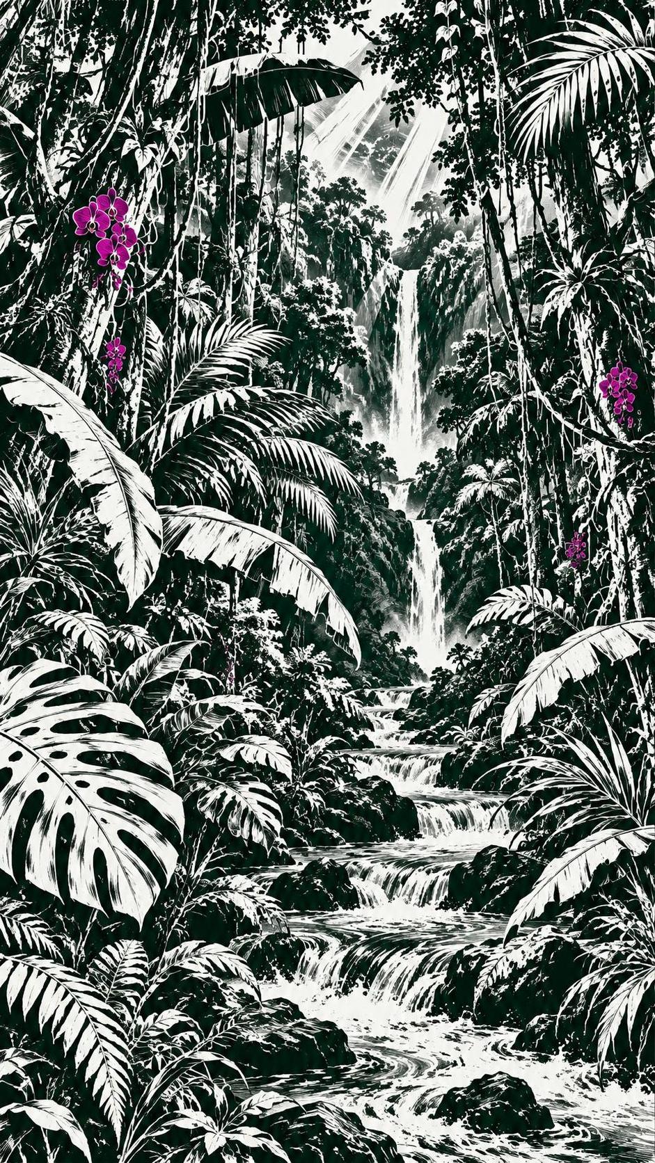 A dense tropical jungle has giant leaves, hanging lianas, a winding stream and shafts of sunlight through the canopy with a few bright orchids and a distant waterfall.