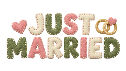 The words JUST above MARRIED in chunky stitched felt capital letters in ivory, blush pink and sage green with a small felt heart and two small felt rings beside them, on a transparent background.