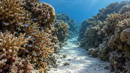 A loose group of tiny juvenile fish shelters tight against the branching coral wall on one side of a narrow sandy channel in gentle morning light with the open sand floor empty in front of them.