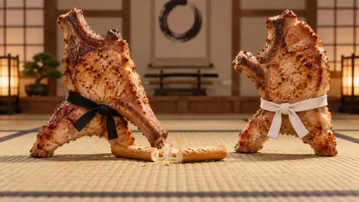 Karate chops: Two grilled pork chops wearing black and white martial-arts belts spar on a tatami mat in a Japanese dojo with bonsai and scrolls.