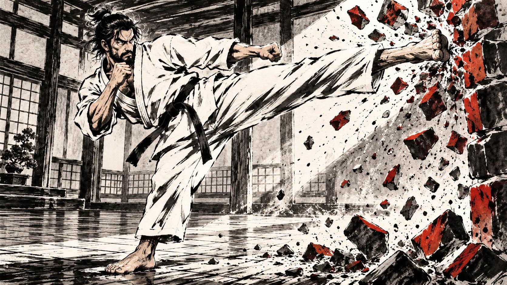 An adult karate master in a white gi with a black belt performs a fierce high kick as bricks smash and fly around him against a calm dojo background with dust in sharp light.