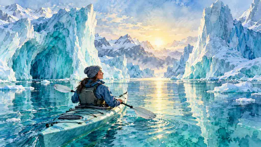 A kayaker paddles a small kayak among towering blue and white icebergs in a serene arctic bay with still teal water, soft pale light and distant snowy mountains.
