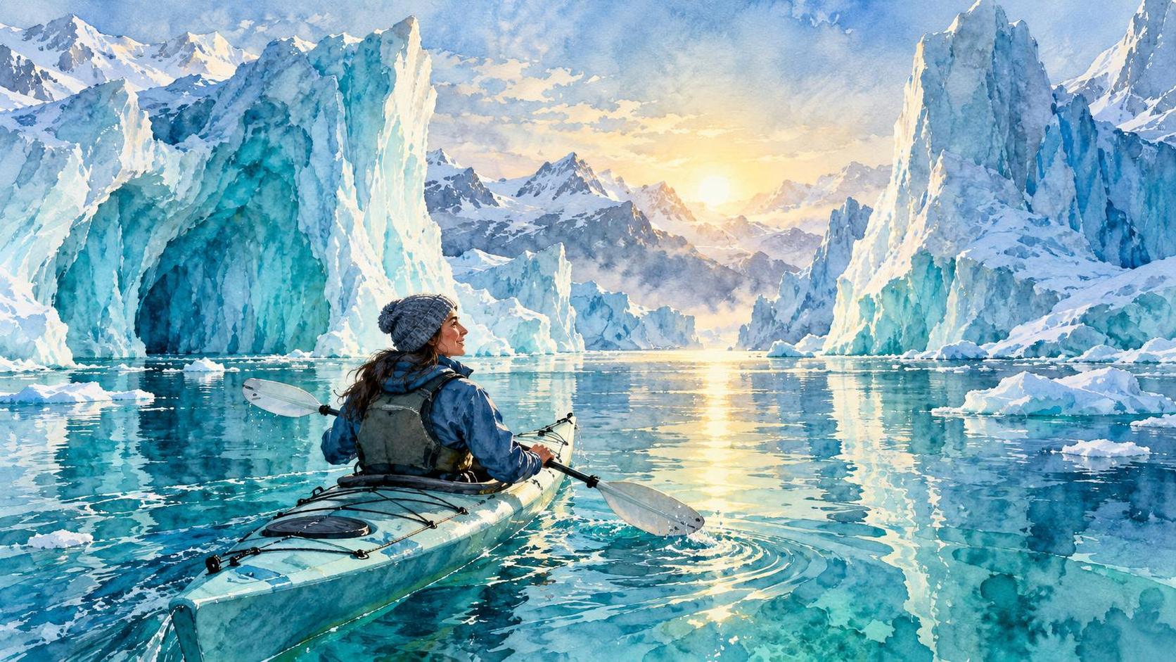 A kayaker paddles a small kayak among towering blue and white icebergs in a serene arctic bay with still teal water, soft pale light and distant snowy mountains.