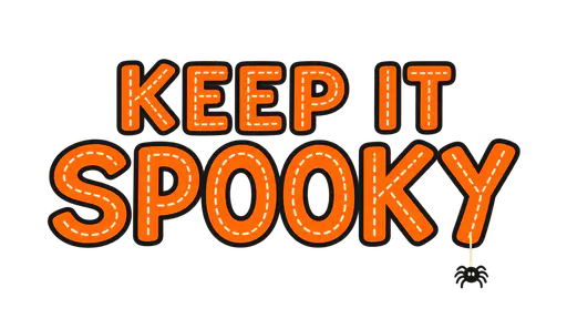 The phrase KEEP IT SPOOKY in sturdy orange outlined capital letters with sparse cream stitch lines inside every stroke and a tiny charcoal spider hanging from the Y, isolated on a transparent background — keep it spooky halloween typography.
