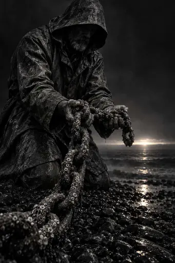 A kneeling lighthouse keeper in a rain cloak lifts a barnacled anchor chain toward a pale dawn slit on black shingle, stark black and white.