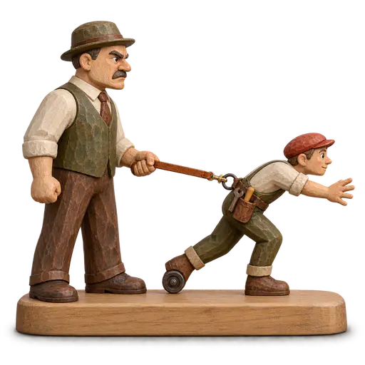 Keeping someone on a short leash: a straining wheeled wooden worker reaches forward while a supervisor behind grips a short leather leash clipped to its tool belt, the taut tether stopping every advance — allowing very little autonomy.