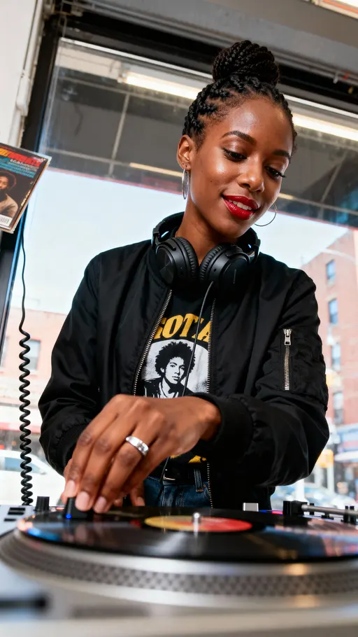 Half-body portrait of Keisha, a Jamaican-American DJ in Brooklyn cueing a track by a storefront window with deep-brown skin, black bomber, silver ring, red tee accent and a teal city hint.
