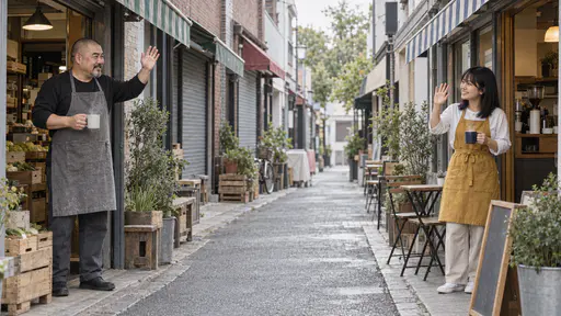 A stocky shopkeeper in a grey apron and a petite cafe owner in a mustard apron stand in their doorways on opposite sides of a narrow brick shopping street holding steaming mugs and waving good morning across the street.