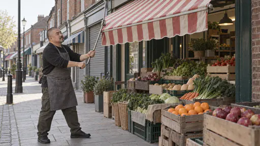 A stocky man with a shaved head in a grey apron turns a long hand crank with both hands to roll out a plain red and white striped awning over crates of fruit and vegetables at his shopfront in warm morning light.