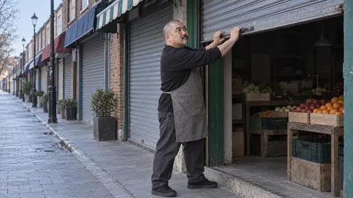 A stocky man with a shaved head and a goatee in a grey apron pulls a metal roll shutter up overhead with both hands on his small greengrocer shopfront in cool blue first light with the quiet street empty behind him.