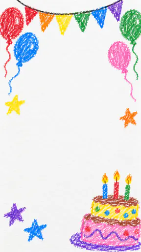 A tall white paper card background in wax crayon with a wobbly string of bunting and balloons across the top, stars, a two-tier crayon birthday cake with candles at the lower right and a large plain white middle.