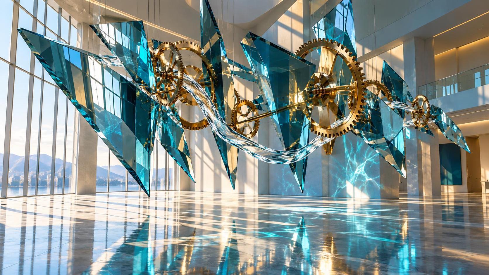 A kinetic sculpture of suspended glass shards, slowly turning brass gears and a thin ribbon of flowing water hangs in a bright gallery hall with light refracting through the glass.