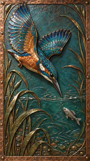 A blue and copper kingfisher dives diagonally toward a silver fish through raised reeds on a tall teal enamel relief panel.