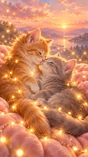 Two cute kittens, one ginger and one grey, touch noses with their eyes half closed on a cozy cushion wrapped in a string of warm glowing fairy lights.