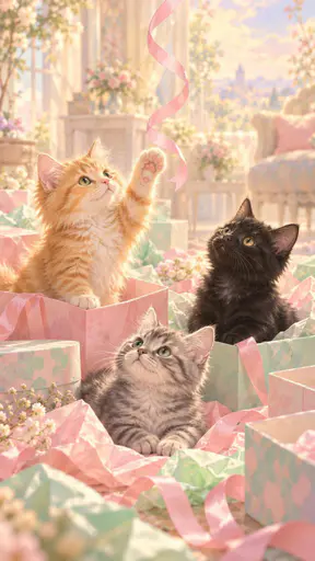 Three playful kittens, one ginger, one grey tabby and one black, sit among colorful gift wrapping paper, ribbons and open boxes while one bats a ribbon.
