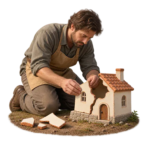 Picking up the pieces: a kneeling adult fitting a matching ceramic wall fragment back onto a broken model house, spare blank pieces nearby, isolated on transparency.
