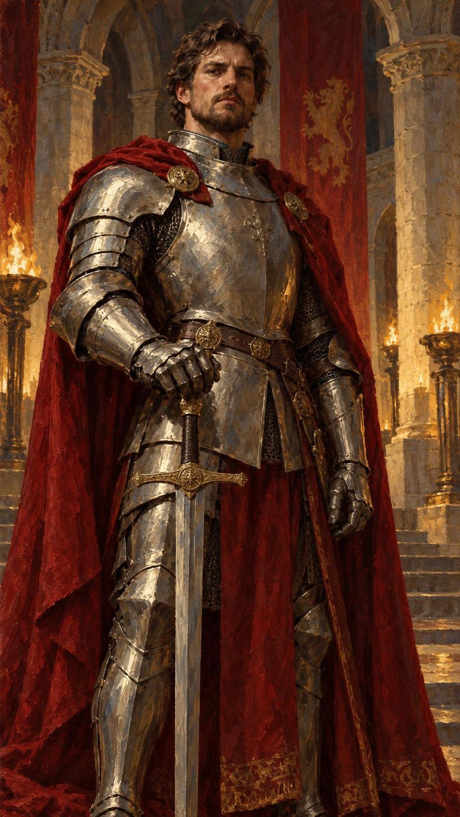 A medieval knight in polished plate armour with a steady piercing gaze grips the hilt of a sword planted before him with a heavy cloak and a stone hall behind.