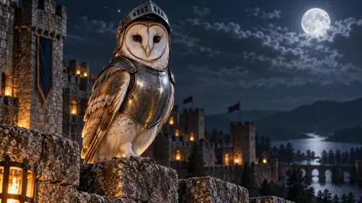 Knight owl: A barn owl stands on a castle battlement at night wearing a miniature steel knight's helmet with its visor raised open around the owl's heart-shaped facial disk, a small breastplate over its barred chest feathers, in cool moonlight with a warm lantern glow filling the shadows.